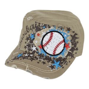 Leader Rhinestone Bling Baseball Theme Embroidered Tan Cadet Cap Distressed Hat